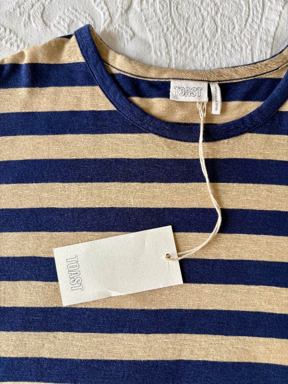 Toast Bold Stripe Cotton Boxy Tee in Blue/Sand - Sz. Small - Brand New with Tags - Picture 6 of 13
